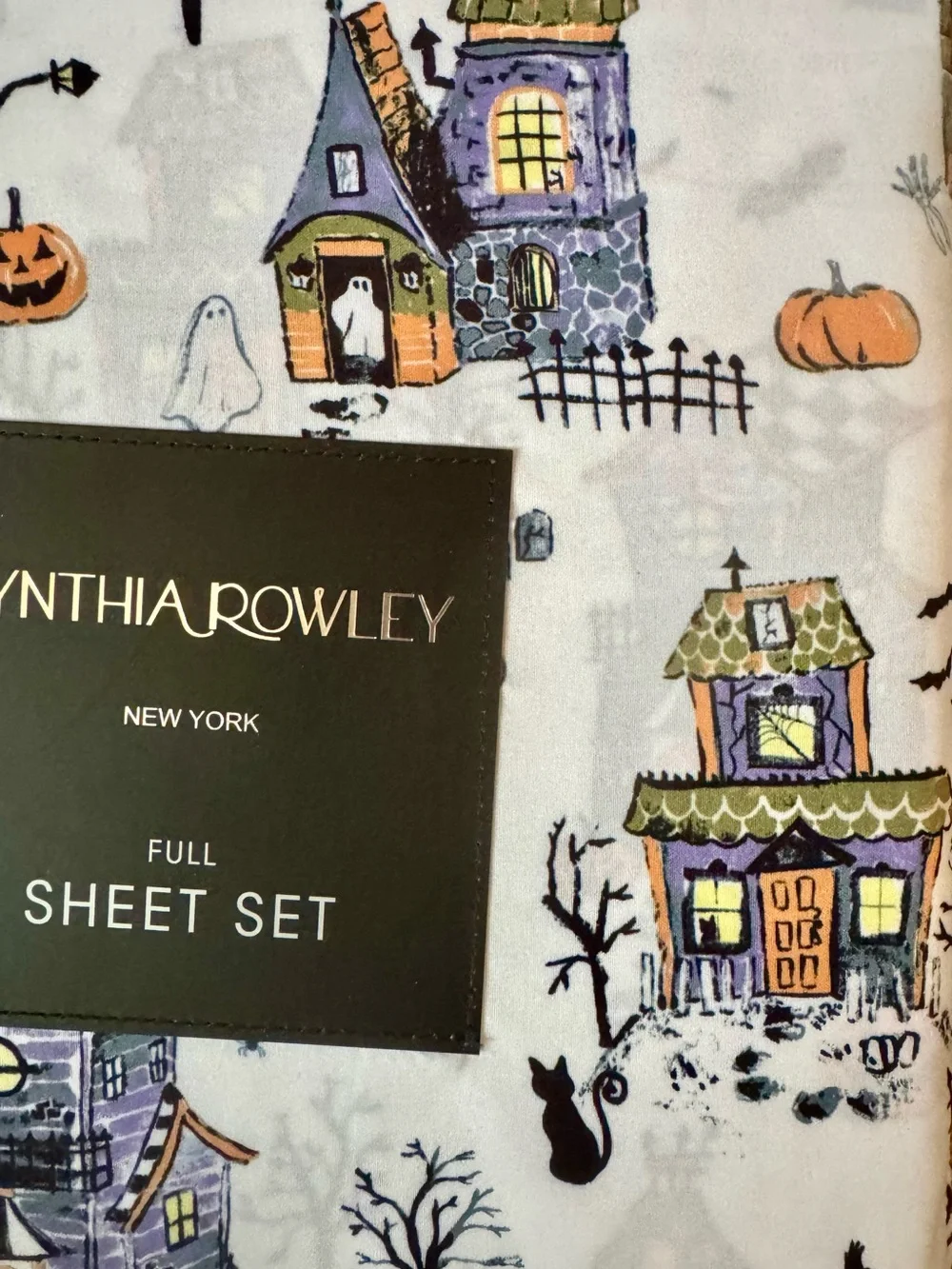 Cynthia Rowley Halloween Village Full Sheet Set - White, Purple & Orange Accents